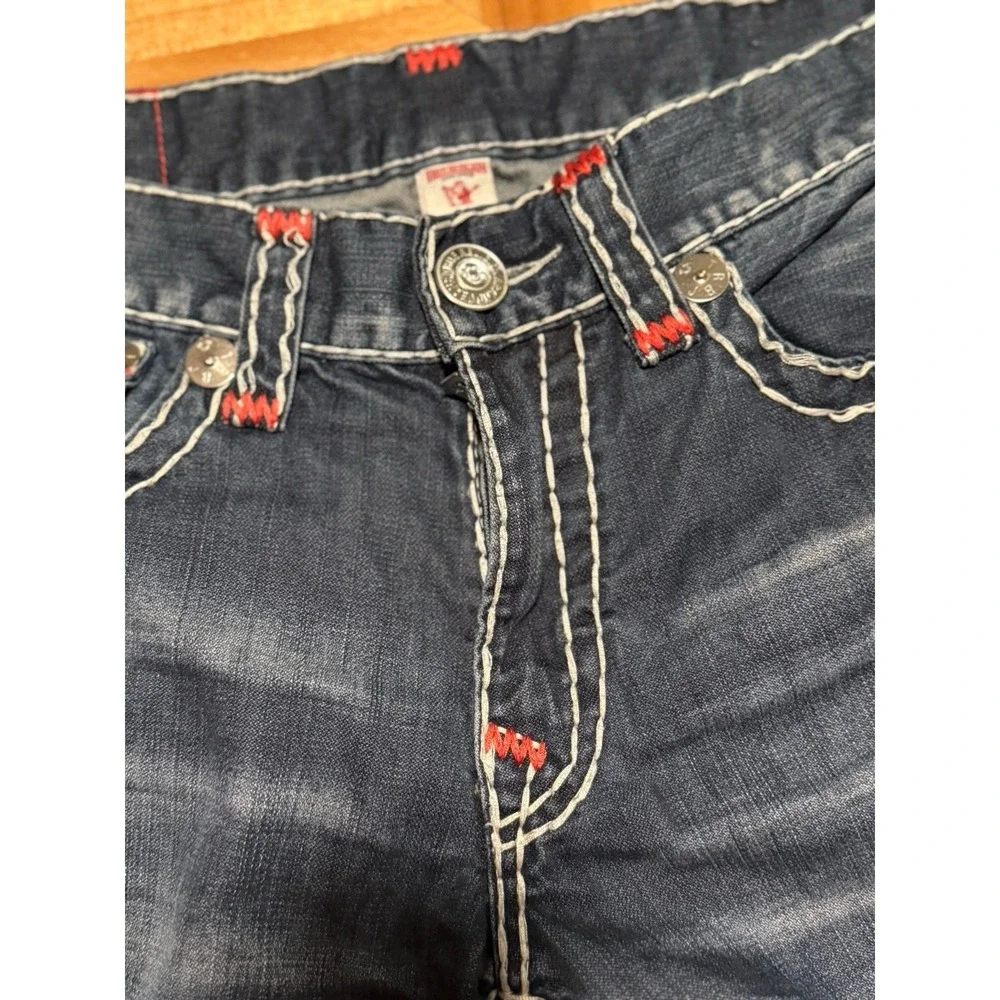 True Religion Jeans 33x32 Thick Stitch Distressed Red White Stitch Flap Pocket